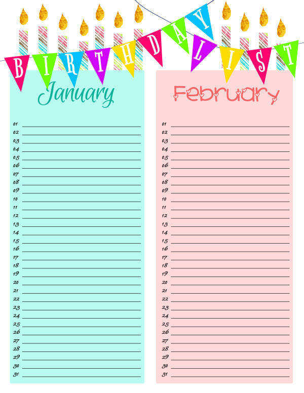 Printable Birthday List Organizer
