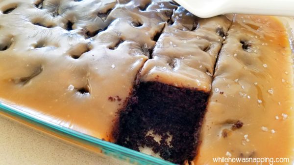 Chocolate Caramel Poke Cake Piece Missing