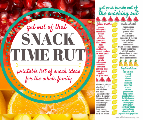 Get out of that snack time rut with this printable list of snack ideas for the whole family